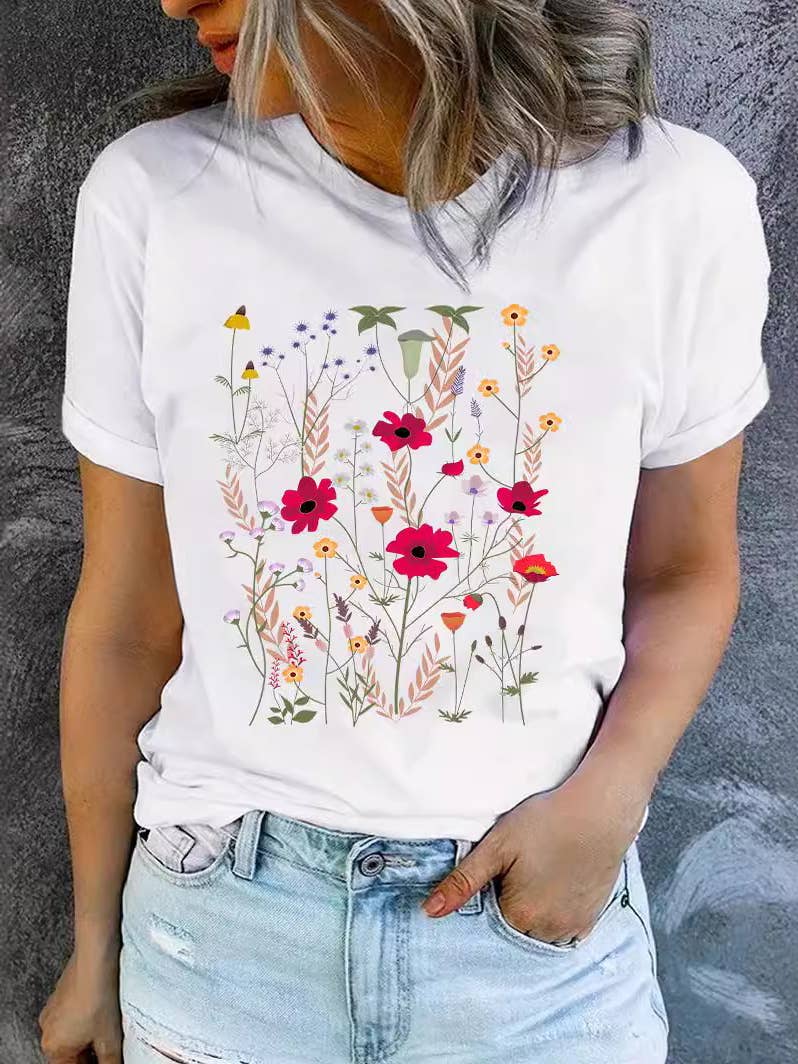 Spring Floral Wildflowers Graphic Print Basic T-Shirt Tee