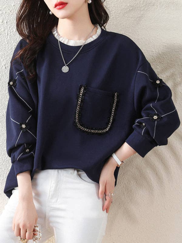 LONG SLEEVES LOOSE CHAINS ROUND NECK TEE SHIRT