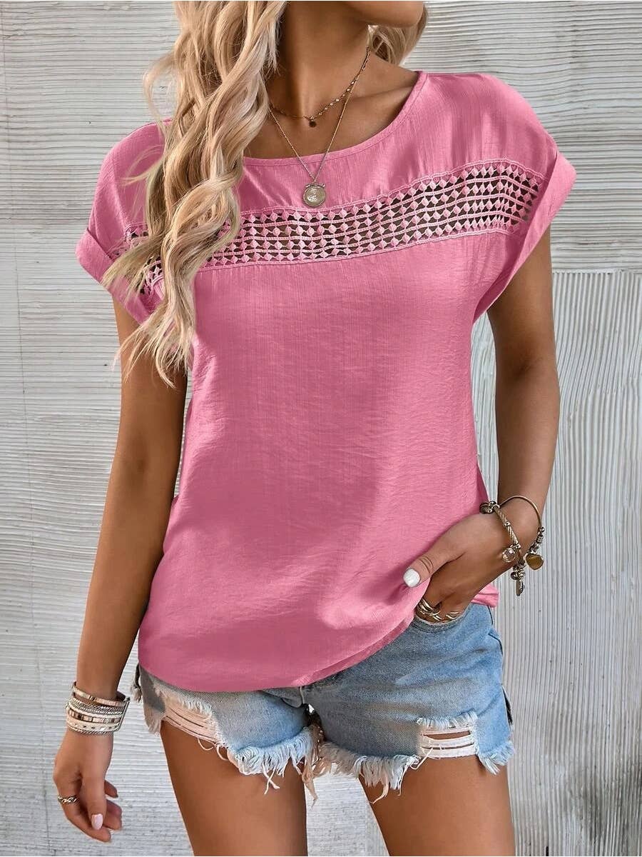 Summer Casual Solid Lace Short Sleeve T-Shirt Top Women