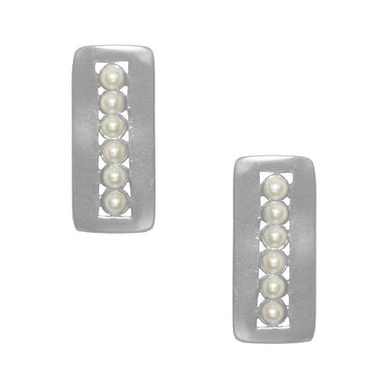 Mini Pearl Adorned Rectangular Earrings - Silver