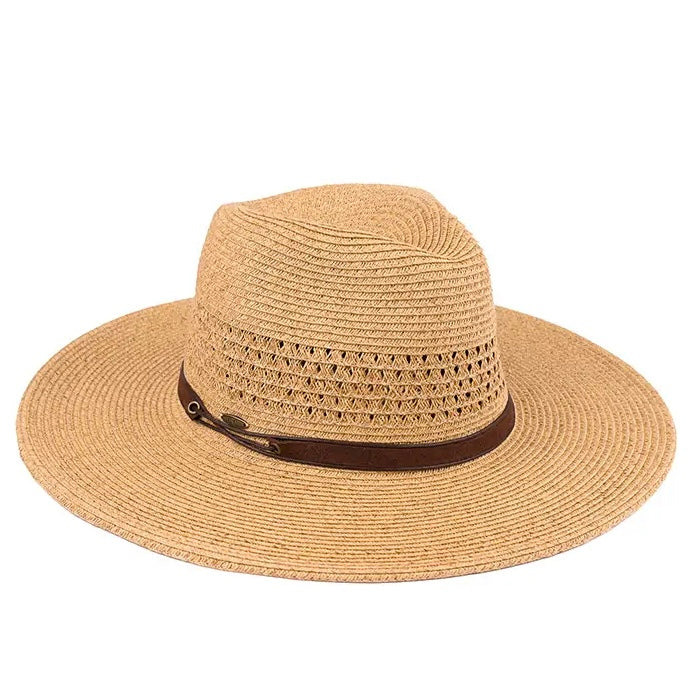 C.C Faux Leather String Straw Panama Hat