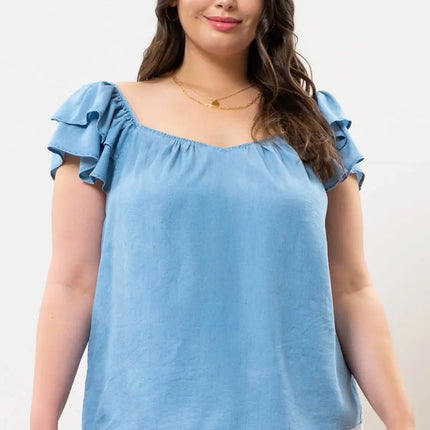 BLU PEPPER Plus Chambray Ruffle Sleeve Top