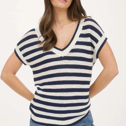 BLU PEPPER Stripe V Neck Crochet Knit Short Sleeve Sweater