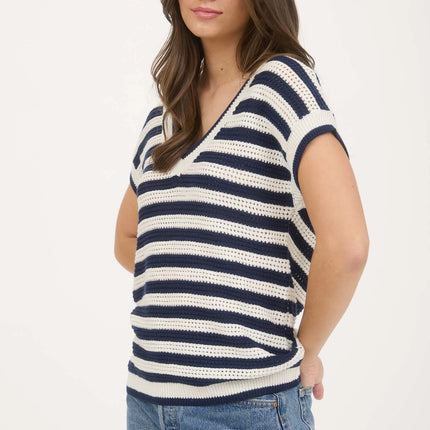 BLU PEPPER Stripe V Neck Crochet Knit Short Sleeve Sweater
