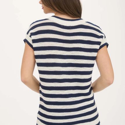 BLU PEPPER Stripe V Neck Crochet Knit Short Sleeve Sweater