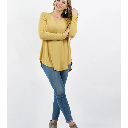 Plus Sized Long Sleeve V-Neck Round Hem Shirt