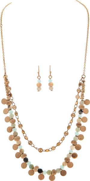Gold Blue Bead Layer Charm Necklace Set