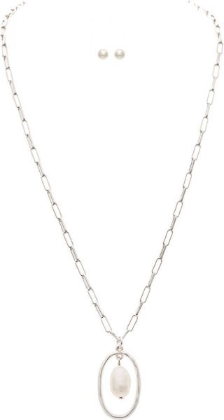 Silver Oval Chain Drop Necklace Set