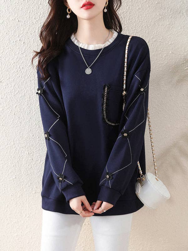 LONG SLEEVES LOOSE CHAINS ROUND NECK TEE SHIRT