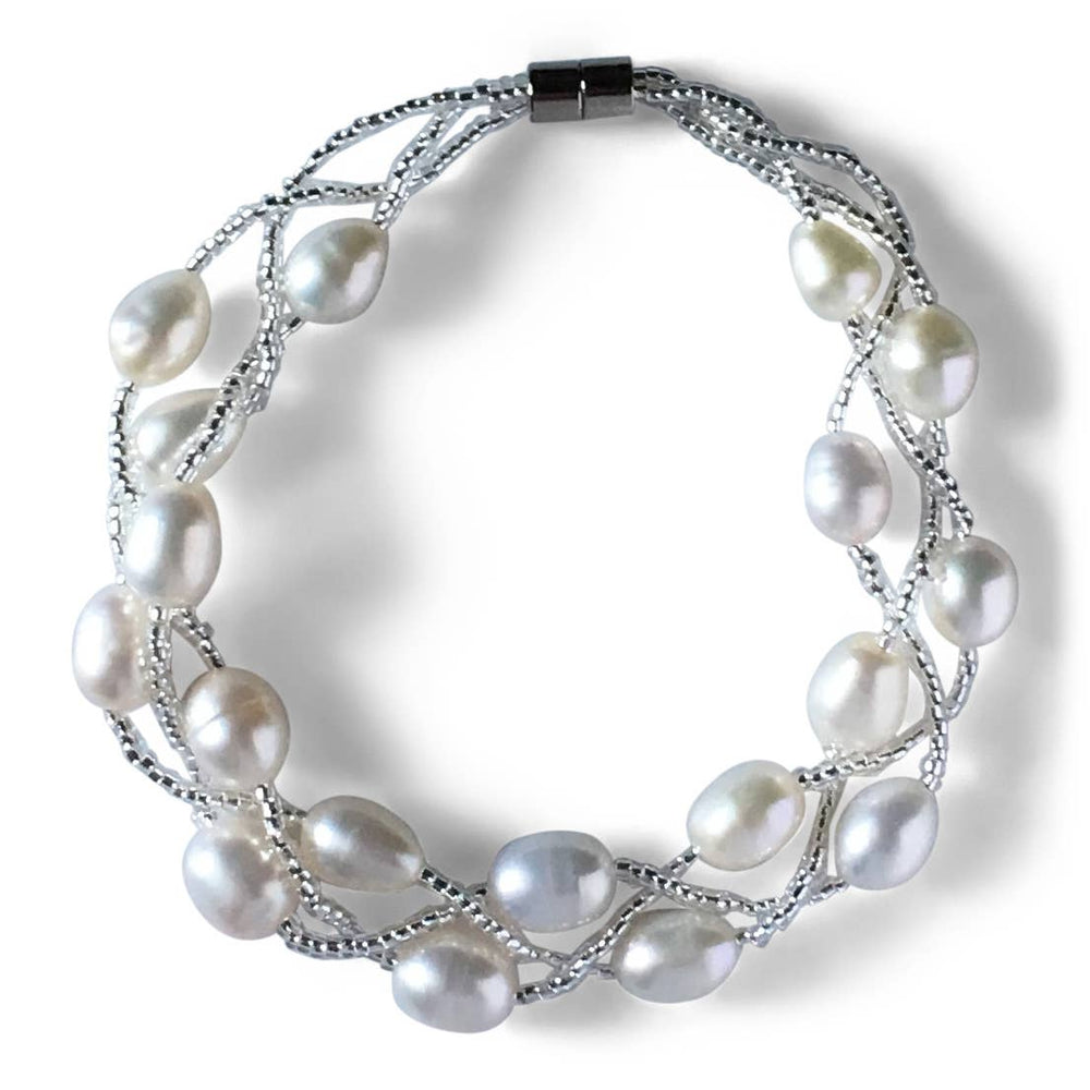 3 Row Braided Freshwater Pearl Bracelet-Magnet Clasp