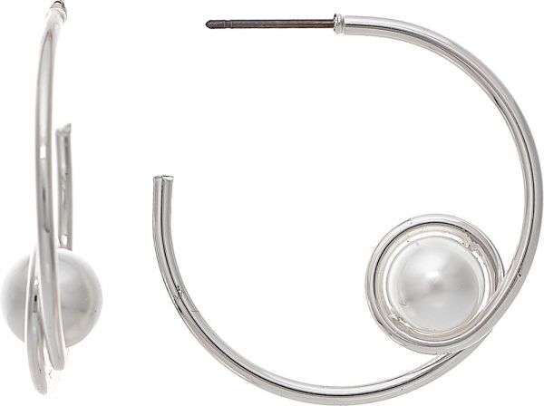 Silver Faux Pearl Loop Post Hoop Earring