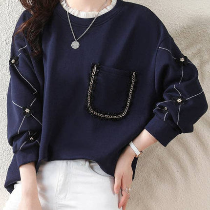 LONG SLEEVES LOOSE CHAINS ROUND NECK TEE SHIRT