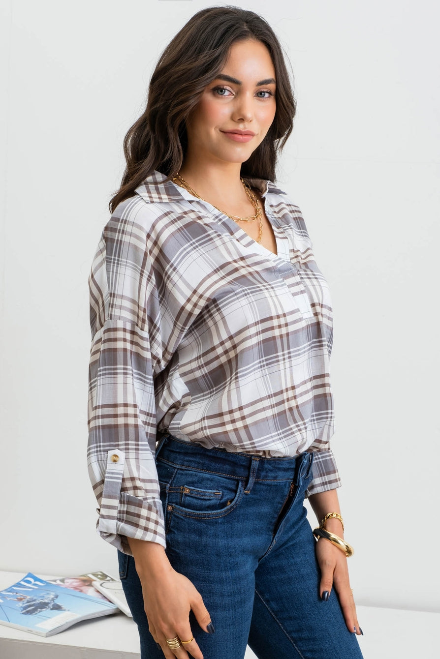 Collared Plaid Split Neck Top