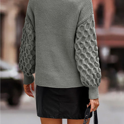 Ribbed Knit Honeycomb Sleeve Crew Neck Sweater