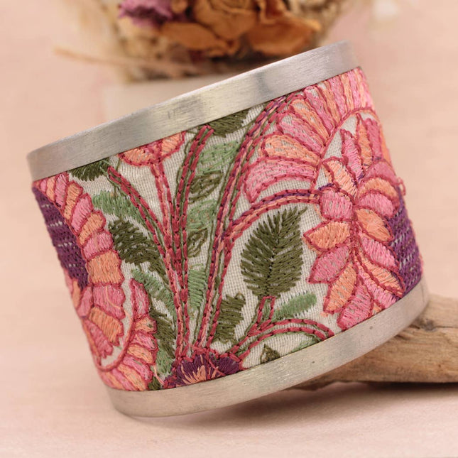 ZAD Pink Green Floral Embroidered Cuff Bracelet