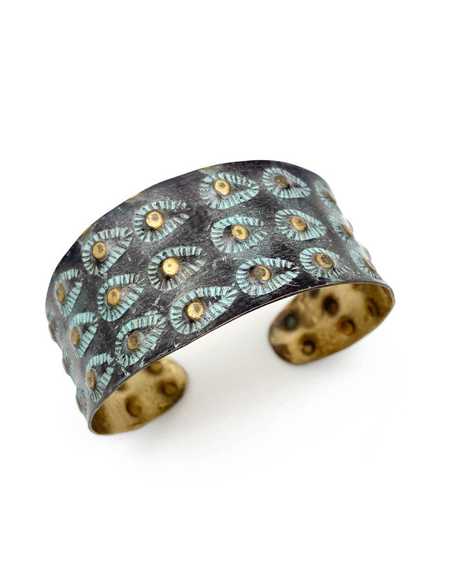 Brass Patina Bracelet - Aqua On Brown Teardrops and Dots