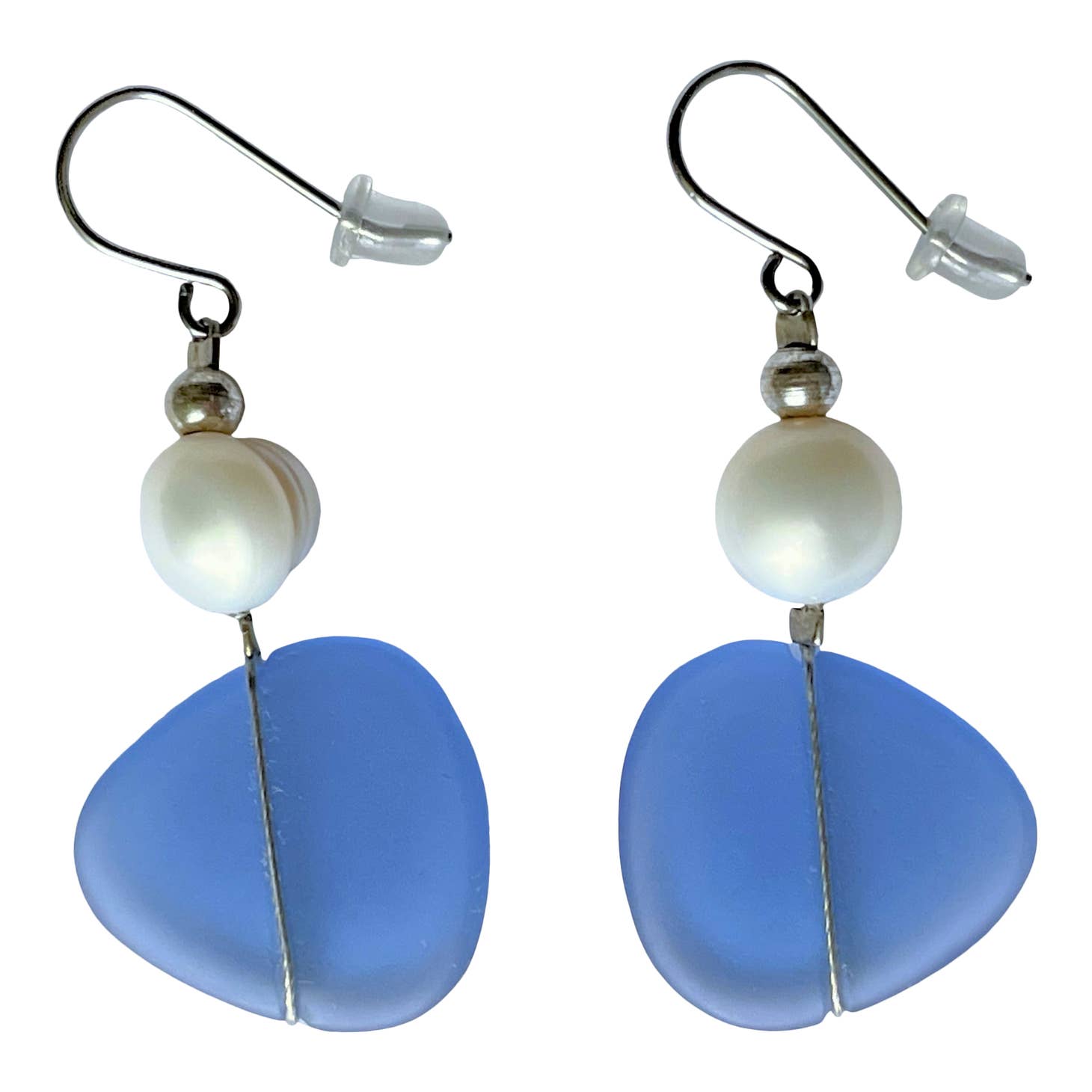 Sea Glass and Freshwater Pearl Earrings-Blue