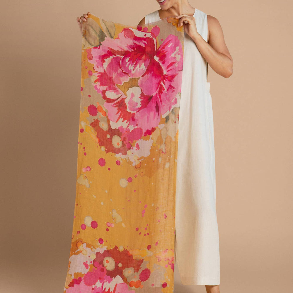 100% Linen Painted Peony in Mustard Scarf