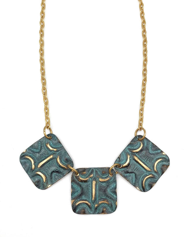 Brass Patina Necklace - Aqua Squares with Moons and Lines