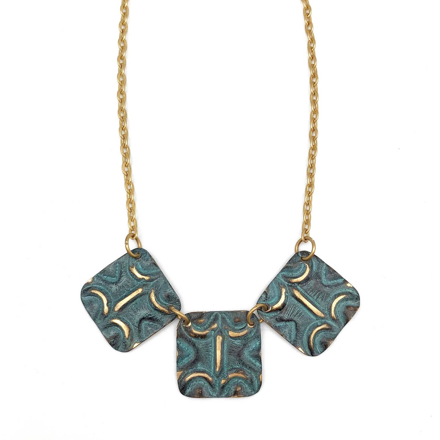 Brass Patina Necklace - Aqua Squares with Moons and Lines