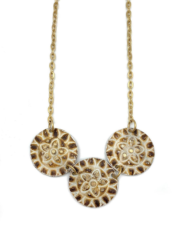 Brass Patina Necklace - Warm Brown and White Flower Circles