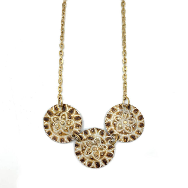 Brass Patina Necklace - Warm Brown and White Flower Circles