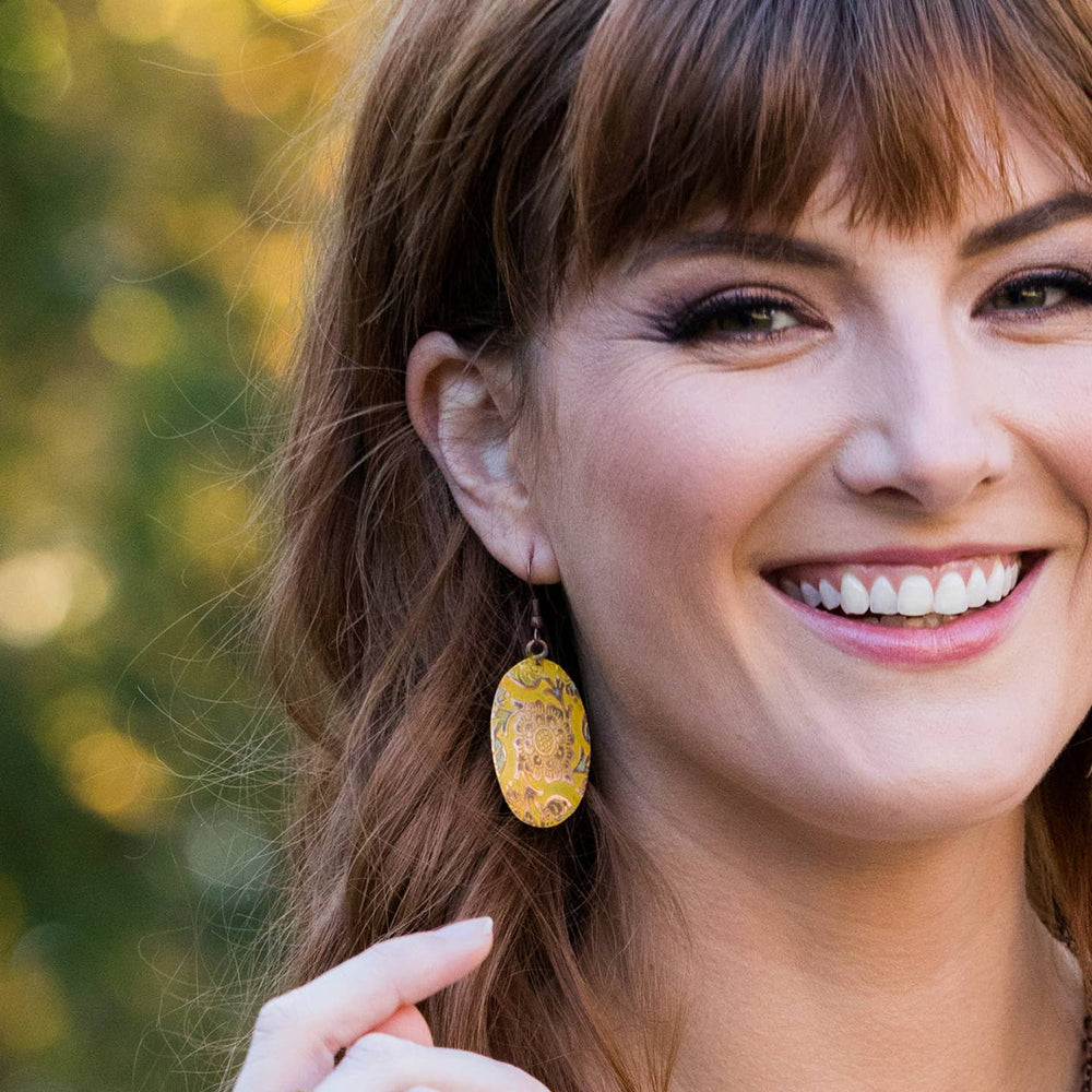 Copper Patina Earrings - Yellow Decorative Flower