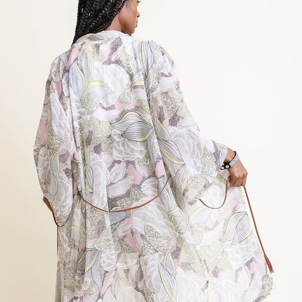 Ikebana Print Kimono W/Skinny Suede Tie Belt