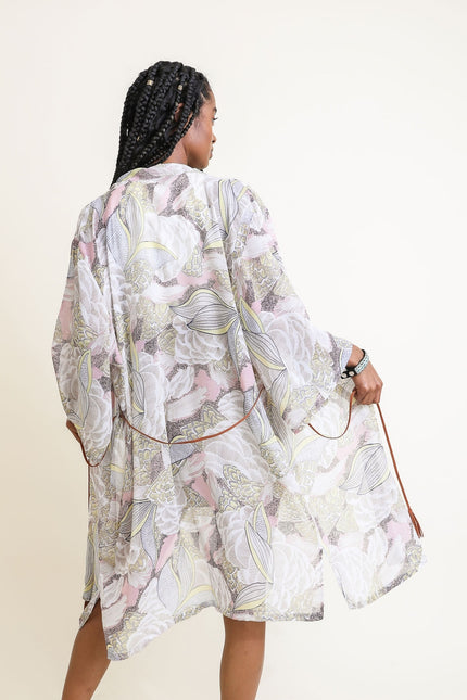 Ikebana Print Kimono W/Skinny Suede Tie Belt