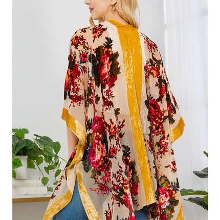 Vintage Rose Print Velvet Kimono