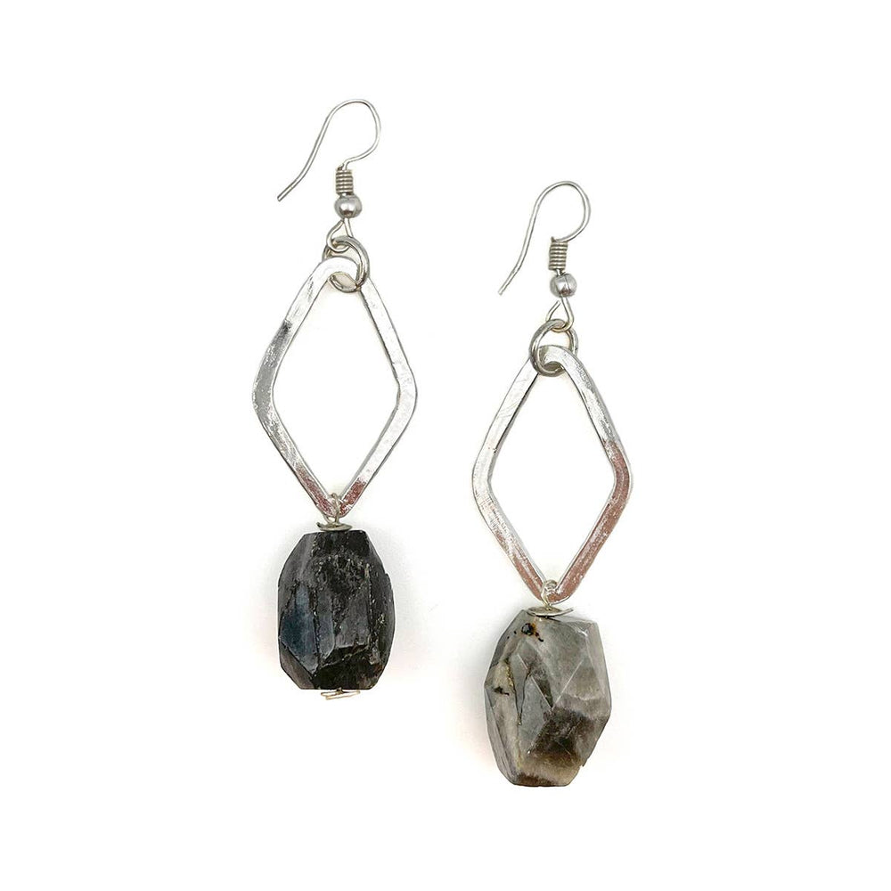 Silver-Plated Long Earrings with Labradorite Stones