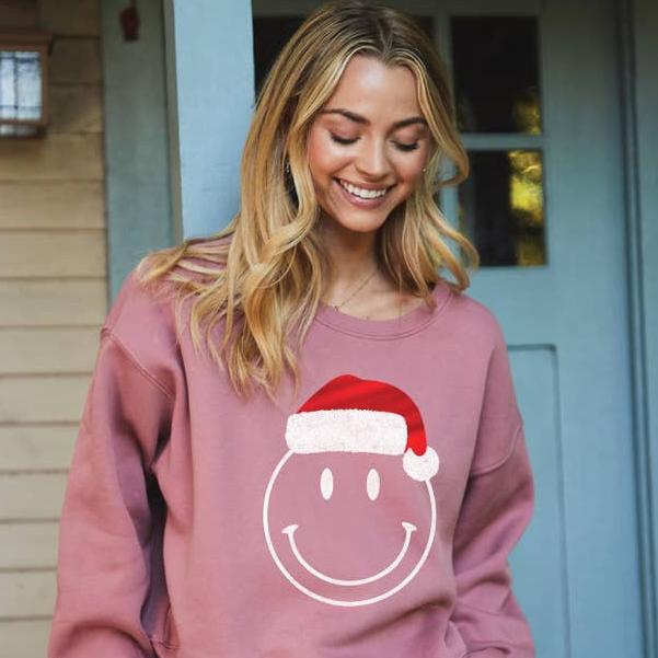 Smiley Face Santa Foil Mid Graphic Sweatshirt