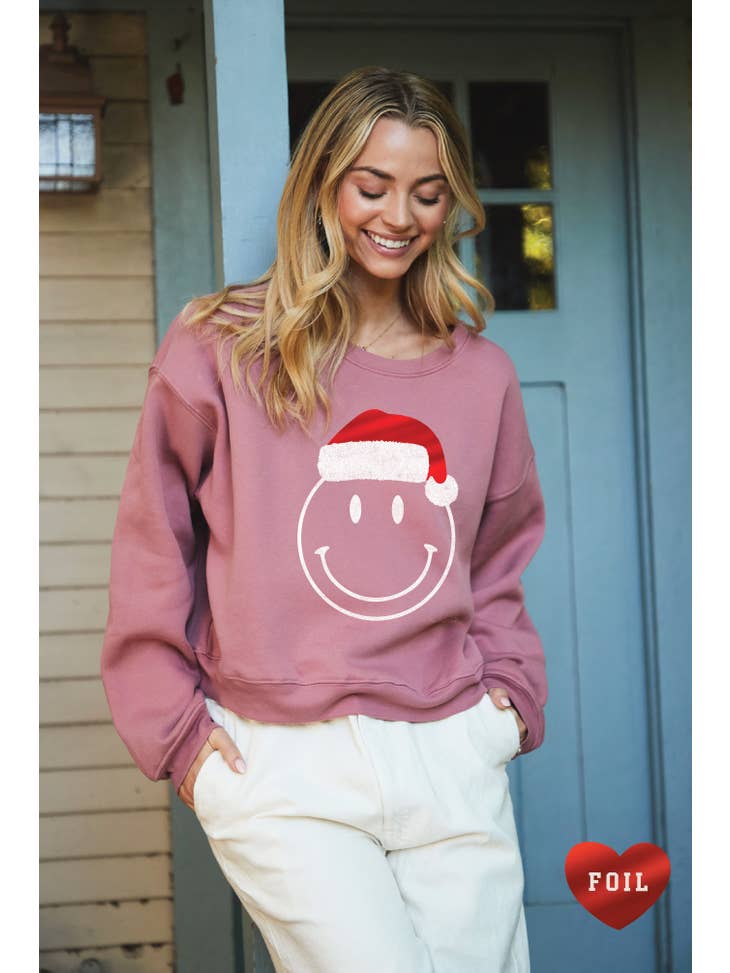 Smiley Face Santa Foil Mid Graphic Sweatshirt