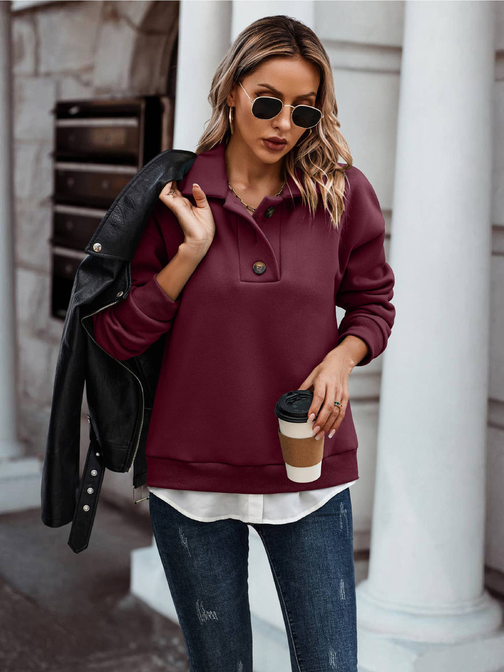 Collared Button Henley Sweatshirt