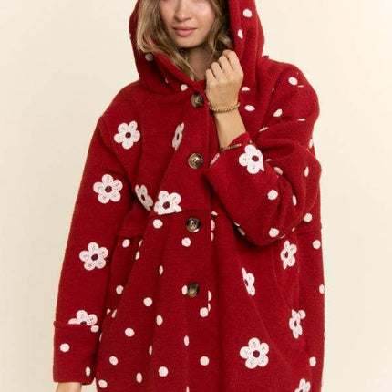 Floral Polka Dot Hooded Mid Length Coat
