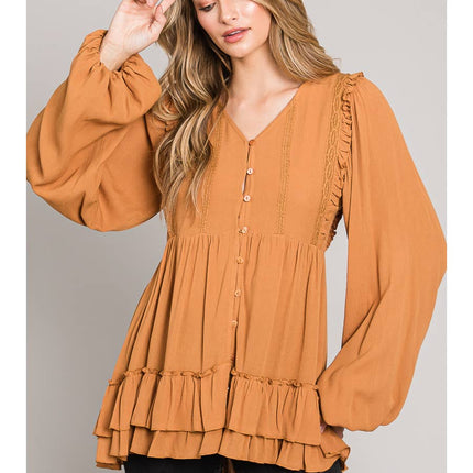 ROMANTIC BUTTON-DOWN GAUZE TUNIC BLOUSE
