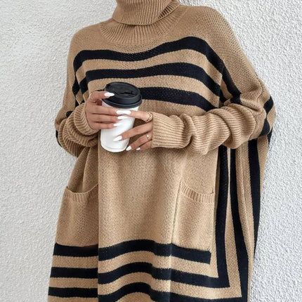 Turtleneck Striped Bat Sleeve Cape Sweater Coat