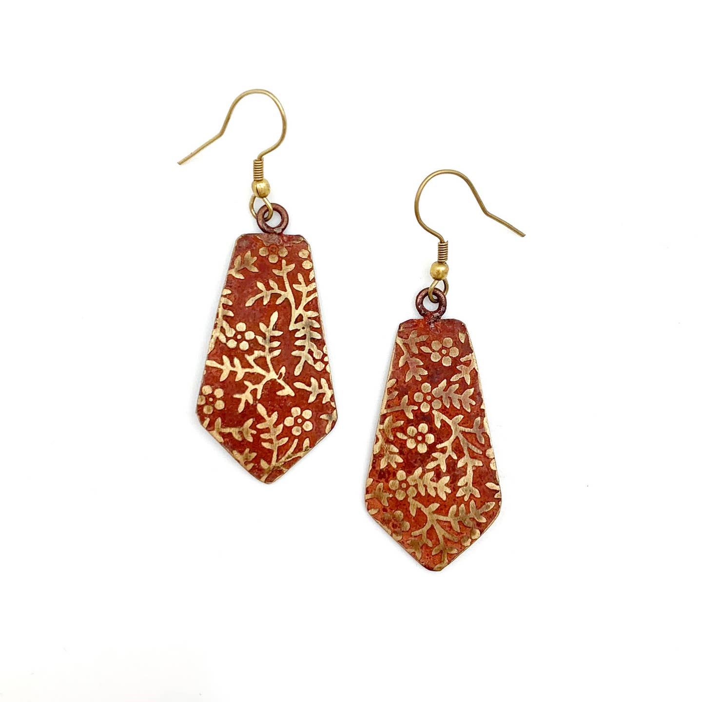 Brass Patina Earrings - Red Orange Brass Floral Vines