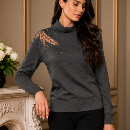 ADORE Charcoal Knit Sweater with Mesh & Rhinestone Leaf