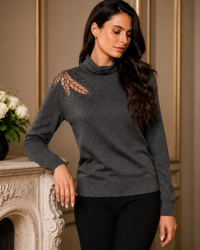ADORE Charcoal Knit Sweater with Mesh & Rhinestone Leaf