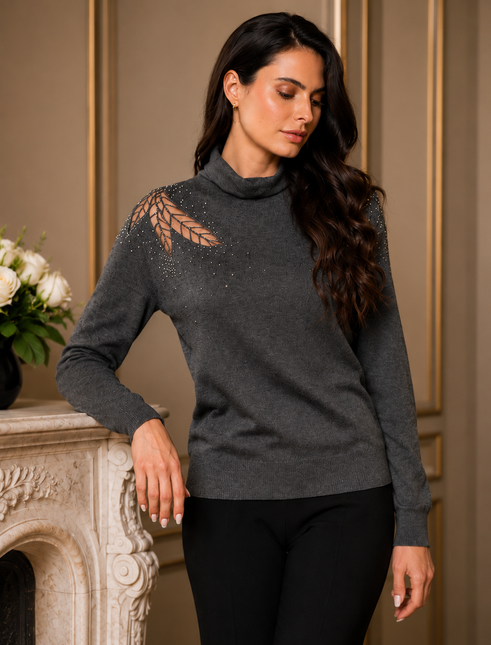 ADORE Charcoal Knit Sweater with Mesh & Rhinestone Leaf