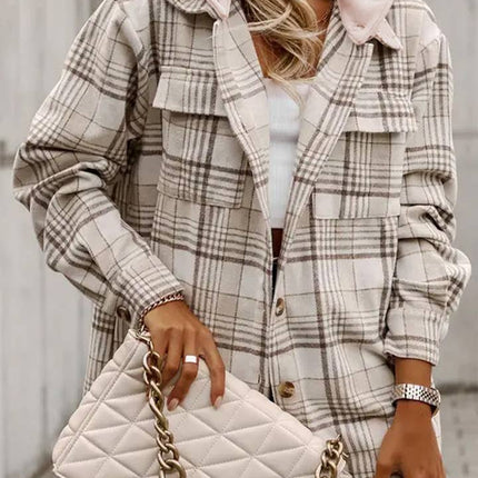 LOVESOFT Khaki Plaid Buttoned Shacket