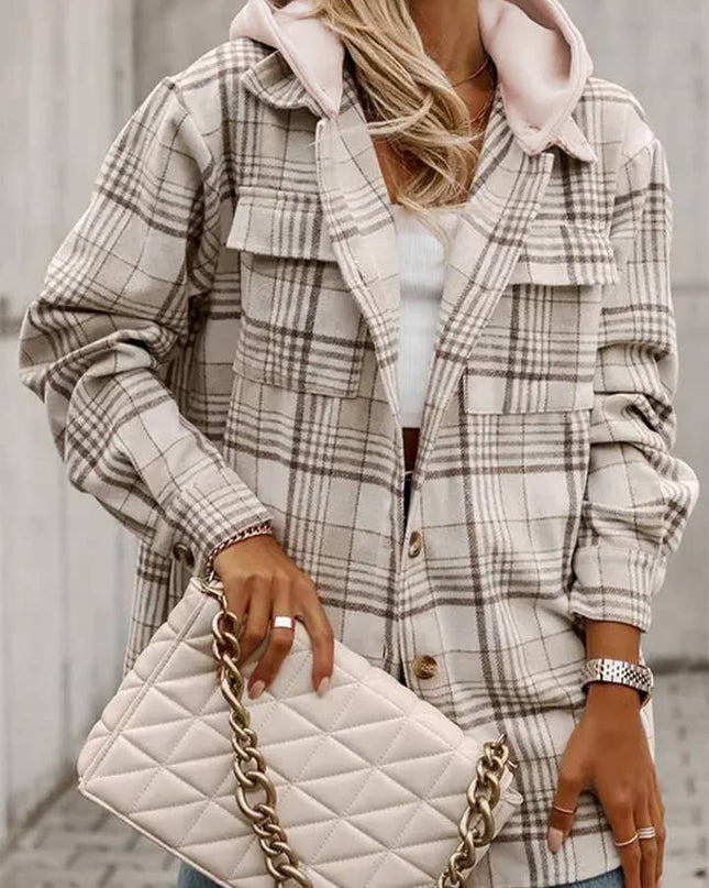 LOVESOFT Khaki Plaid Buttoned Shacket