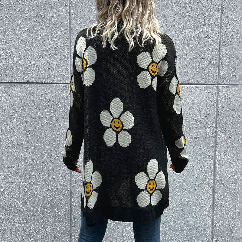 Medium Length Floral Sweater Cardigan