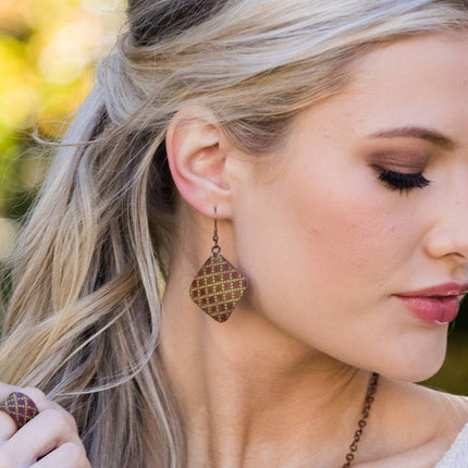 Copper Patina Earrings - Chartreuse Tile Pattern