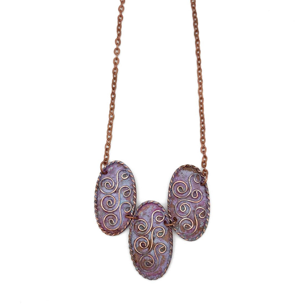 Copper Patina Necklace - Lilac Purple Three Triple S Shapes