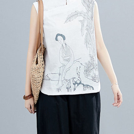 Artistic Printed Buttoned Stand Collar Sleeveless Vest