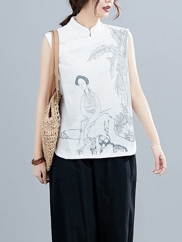 Artistic Printed Buttoned Stand Collar Sleeveless Vest