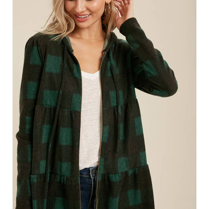 BUFFALO PLAID TIERED ZIP-UP HOODIE JACKET