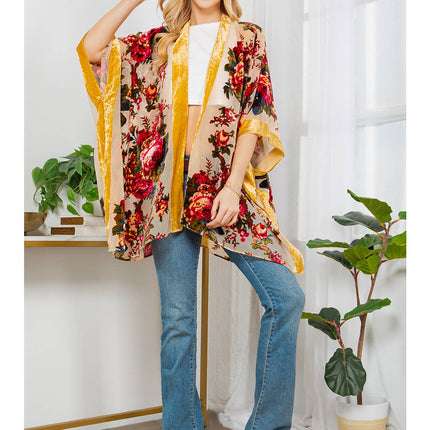 Vintage Rose Print Velvet Kimono